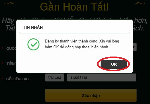 Thông báo đăng ký V9bet.com thành công
